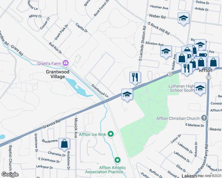 map of restaurants, bars, coffee shops, grocery stores, and more near 8 Zinzer Court in St. Louis