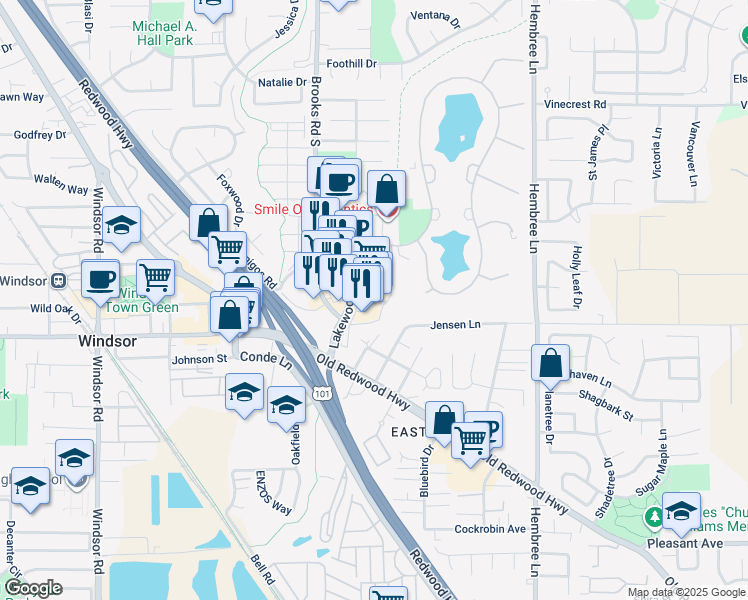 map of restaurants, bars, coffee shops, grocery stores, and more near 8844 Lakewood Drive in Windsor