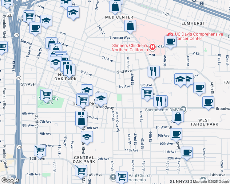 map of restaurants, bars, coffee shops, grocery stores, and more near 3987 4th Avenue in Sacramento
