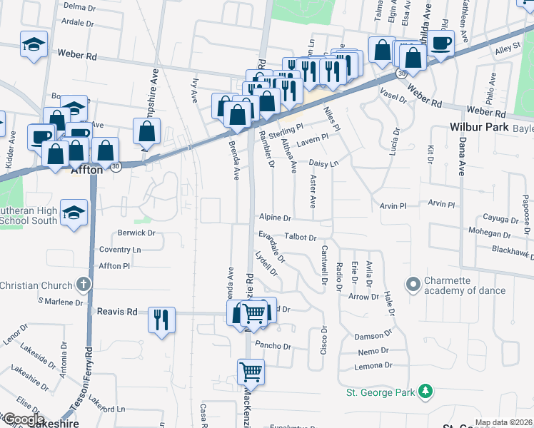 map of restaurants, bars, coffee shops, grocery stores, and more near 9345 Rambler Drive in Affton