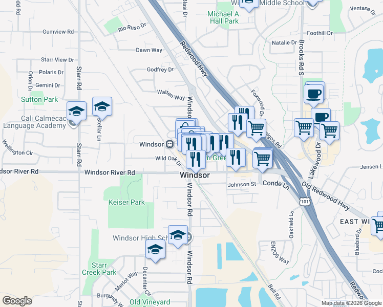 map of restaurants, bars, coffee shops, grocery stores, and more near 1037 McClelland Drive in Windsor