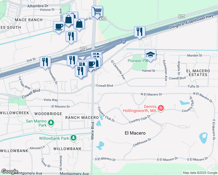 map of restaurants, bars, coffee shops, grocery stores, and more near 4810 Cowell Boulevard in Davis