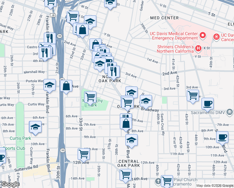 map of restaurants, bars, coffee shops, grocery stores, and more near 3671 5th Avenue in Sacramento