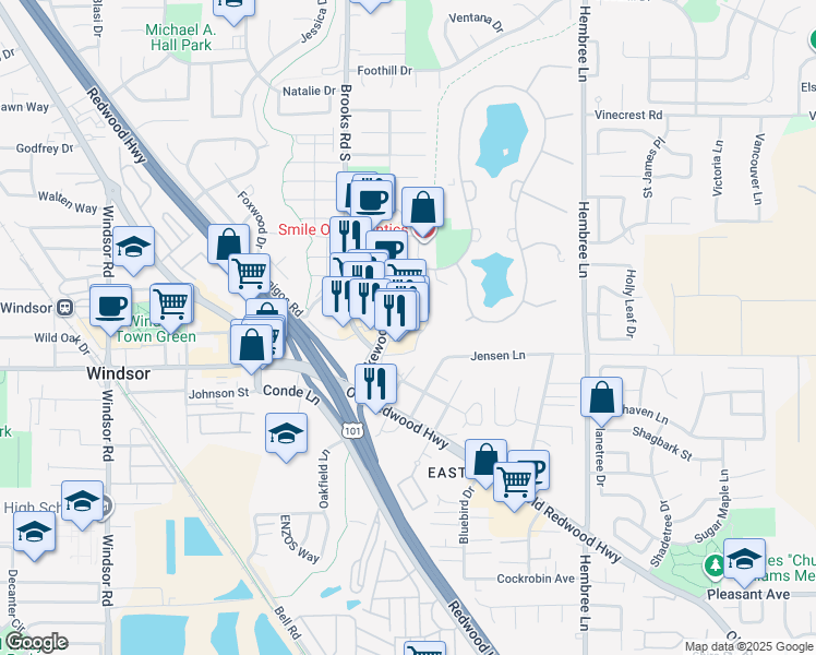 map of restaurants, bars, coffee shops, grocery stores, and more near 8844 Lakewood Drive in Windsor