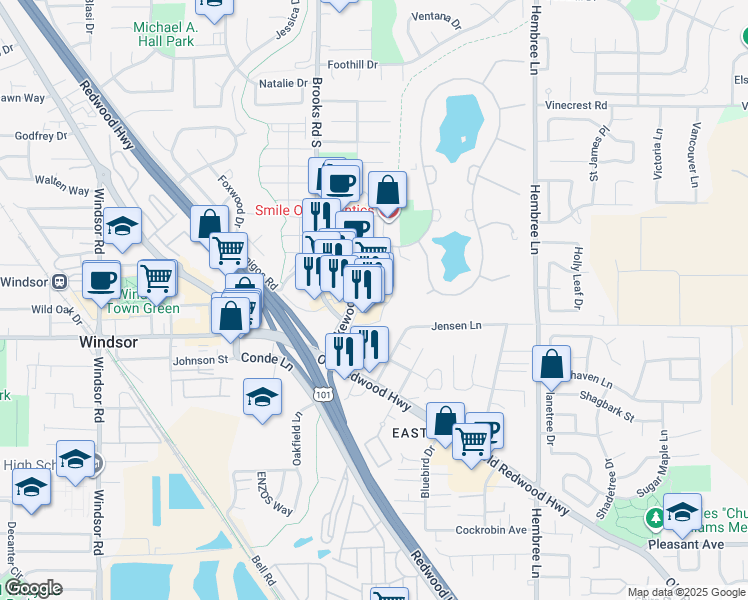 map of restaurants, bars, coffee shops, grocery stores, and more near 8844 Lakewood Drive in Windsor