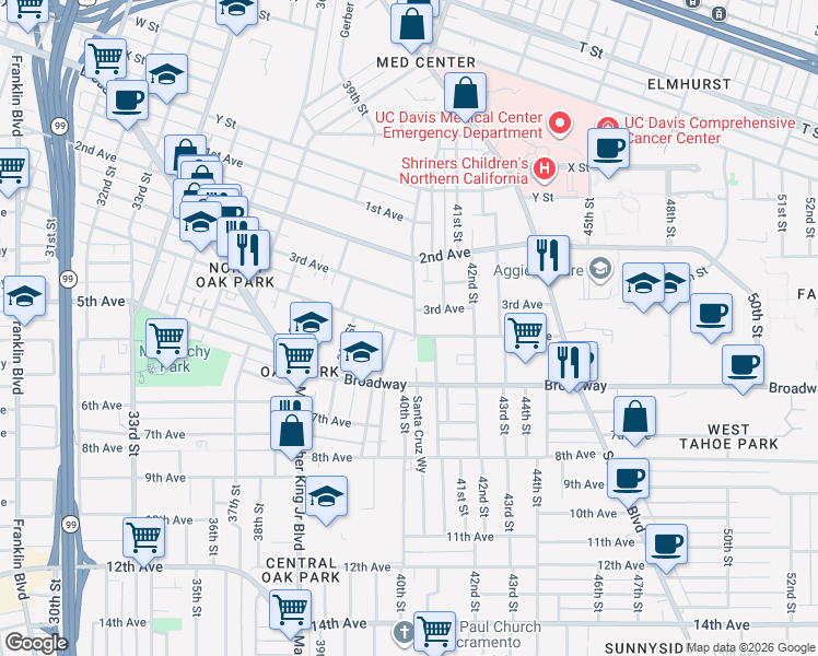 map of restaurants, bars, coffee shops, grocery stores, and more near 3987 4th Avenue in Sacramento