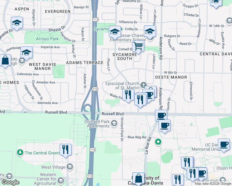 map of restaurants, bars, coffee shops, grocery stores, and more near 1411 Wake Forest Drive in Davis
