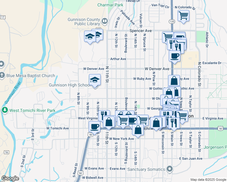map of restaurants, bars, coffee shops, grocery stores, and more near 419 N 12th St in Gunnison