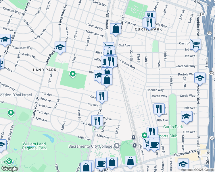 map of restaurants, bars, coffee shops, grocery stores, and more near 3067 Freeport Boulevard in Sacramento