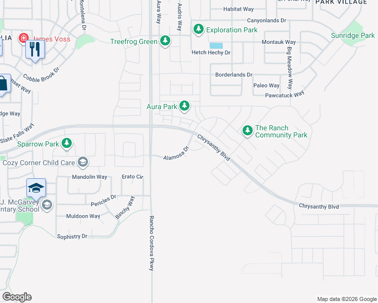 map of restaurants, bars, coffee shops, grocery stores, and more near 4713-4721 Jaeger Road in Rancho Cordova