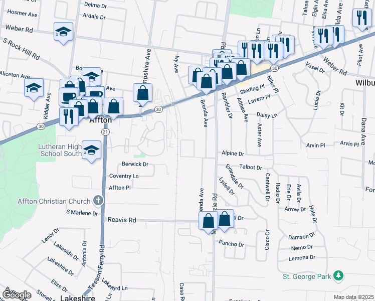 map of restaurants, bars, coffee shops, grocery stores, and more near 9727 Pauline Place in Affton