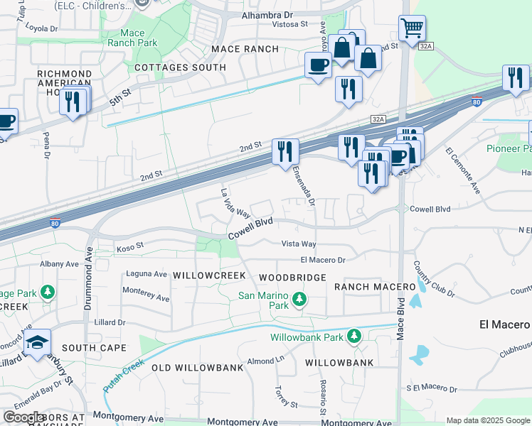 map of restaurants, bars, coffee shops, grocery stores, and more near 4005 Cowell Boulevard in Davis