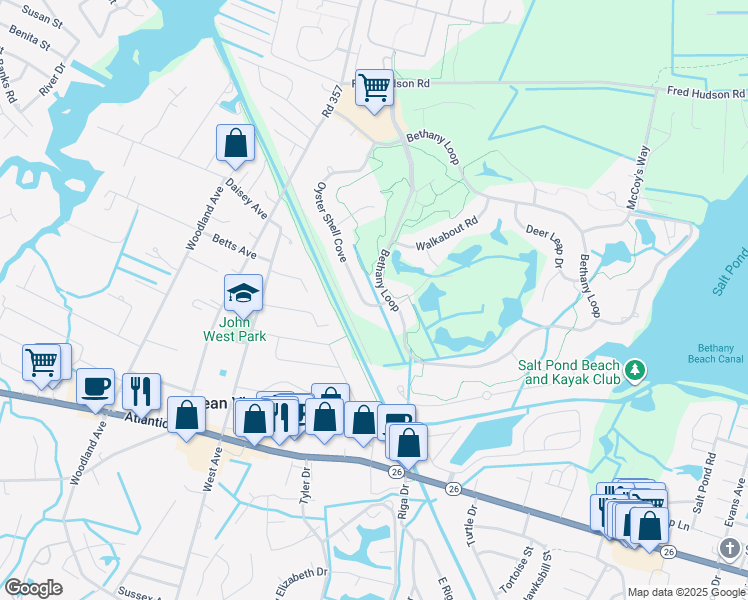map of restaurants, bars, coffee shops, grocery stores, and more near 274 Oyster Shell Cove in Bethany Beach
