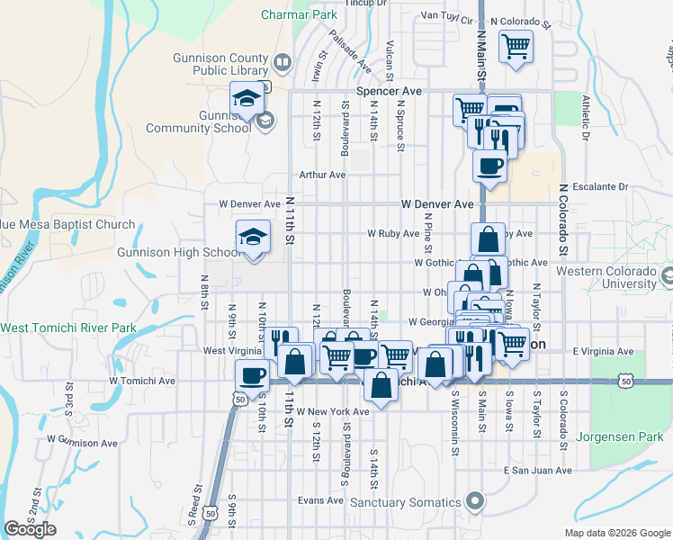 map of restaurants, bars, coffee shops, grocery stores, and more near 421 North Boulevard Street in Gunnison