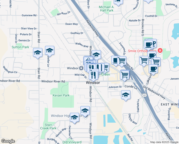 map of restaurants, bars, coffee shops, grocery stores, and more near 1037 McClelland Drive in Windsor