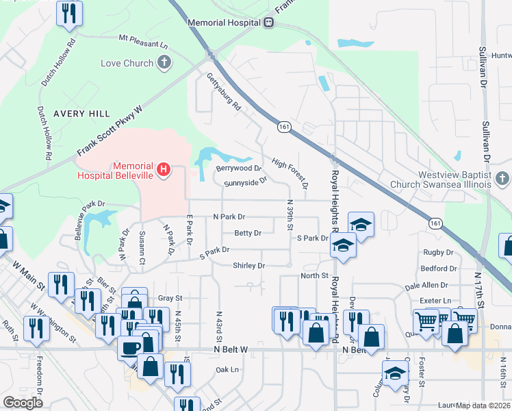 map of restaurants, bars, coffee shops, grocery stores, and more near 4104 Memorial Drive in Belleville