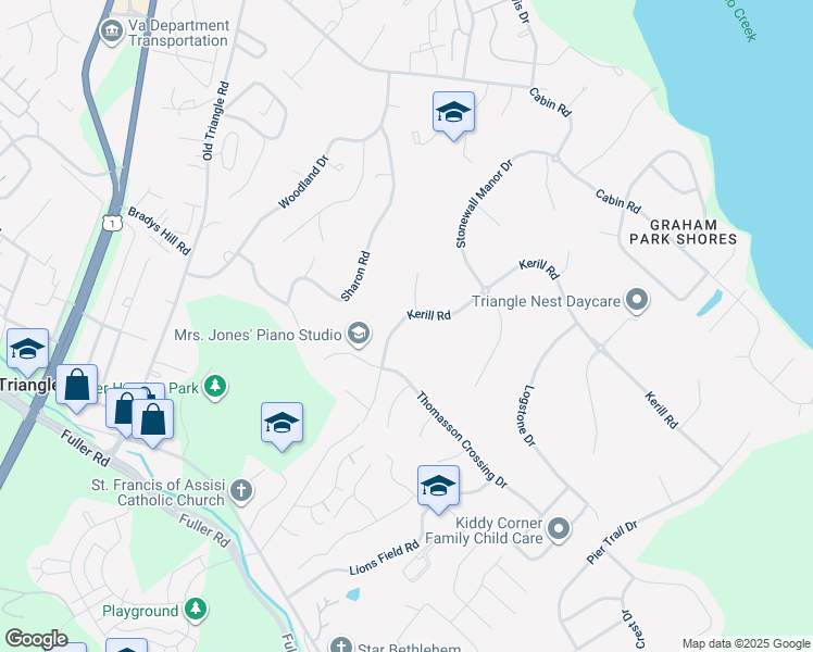 map of restaurants, bars, coffee shops, grocery stores, and more near 18643 Kerill Road in Triangle