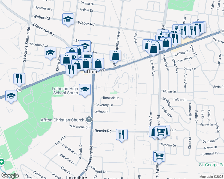 map of restaurants, bars, coffee shops, grocery stores, and more near 9886 Paul Revere Drive in Affton