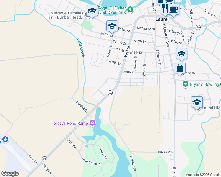 map of restaurants, bars, coffee shops, grocery stores, and more near 9283 Sharptown Road in Laurel