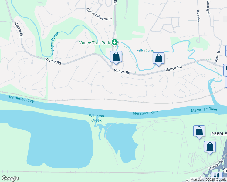 map of restaurants, bars, coffee shops, grocery stores, and more near 405 Bethany Court in Valley Park