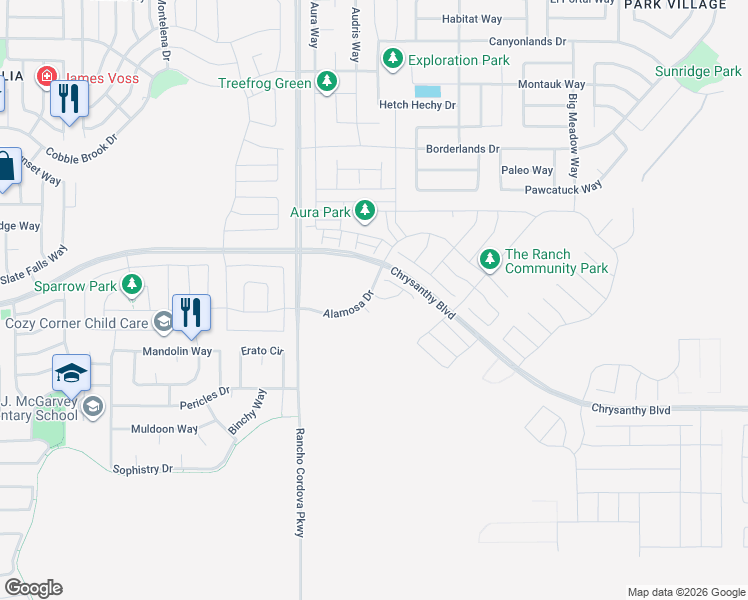 map of restaurants, bars, coffee shops, grocery stores, and more near 4713-4721 Jaeger Road in Rancho Cordova