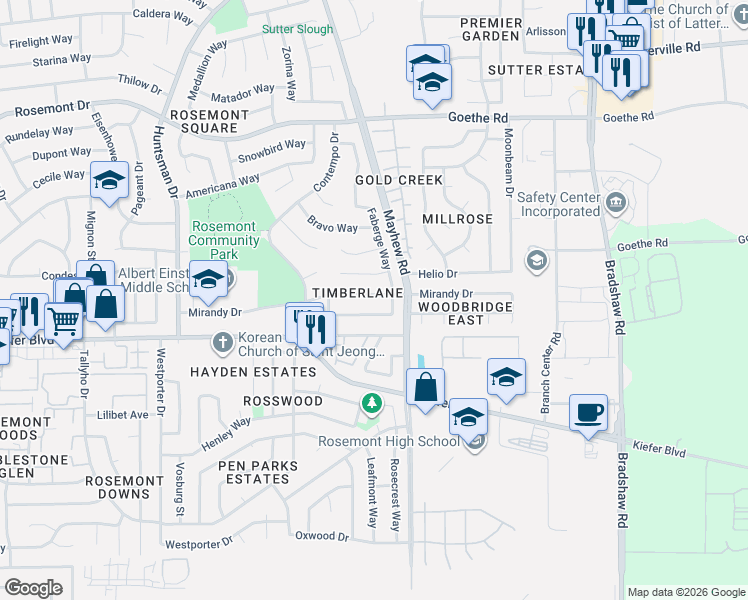 map of restaurants, bars, coffee shops, grocery stores, and more near 9448 Mirandy Drive in Sacramento