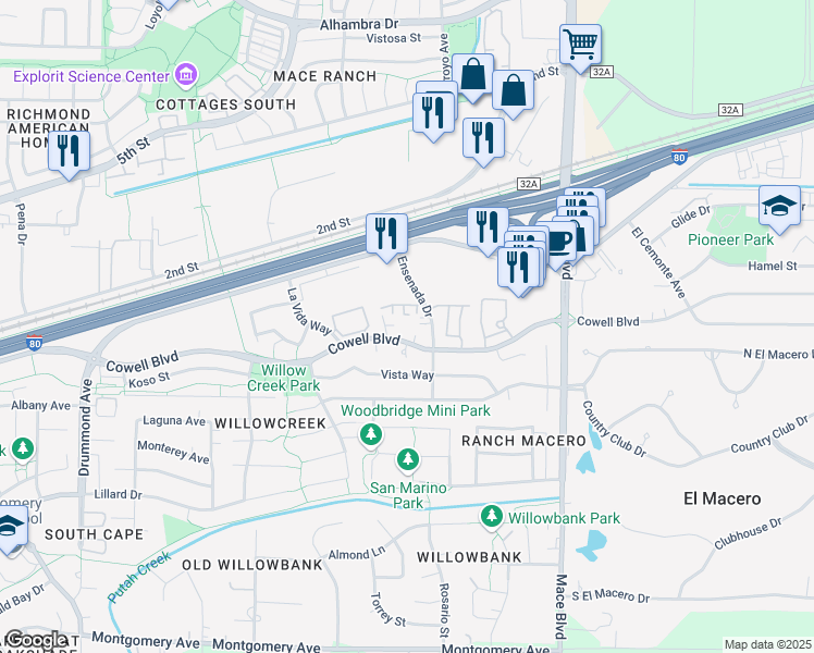 map of restaurants, bars, coffee shops, grocery stores, and more near 4141 Cowell Boulevard in Davis
