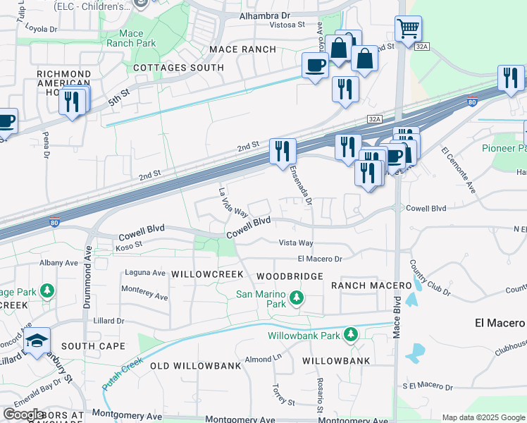 map of restaurants, bars, coffee shops, grocery stores, and more near 4005 Cowell Boulevard in Davis