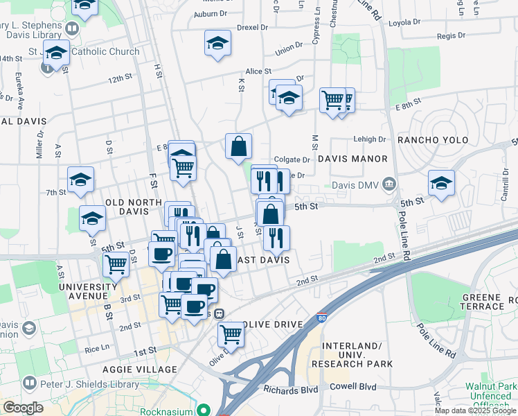 map of restaurants, bars, coffee shops, grocery stores, and more near 1205 5th Street in Davis