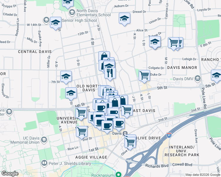 map of restaurants, bars, coffee shops, grocery stores, and more near 526 G Street in Davis