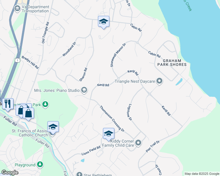 map of restaurants, bars, coffee shops, grocery stores, and more near 18617 Kerill Road in Triangle