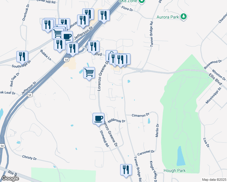 map of restaurants, bars, coffee shops, grocery stores, and more near 637 Oak Creek Court in Jefferson City