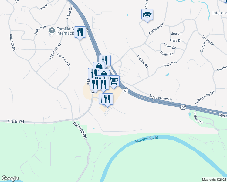 map of restaurants, bars, coffee shops, grocery stores, and more near 2101 Schotthill Woods Drive in Jefferson City
