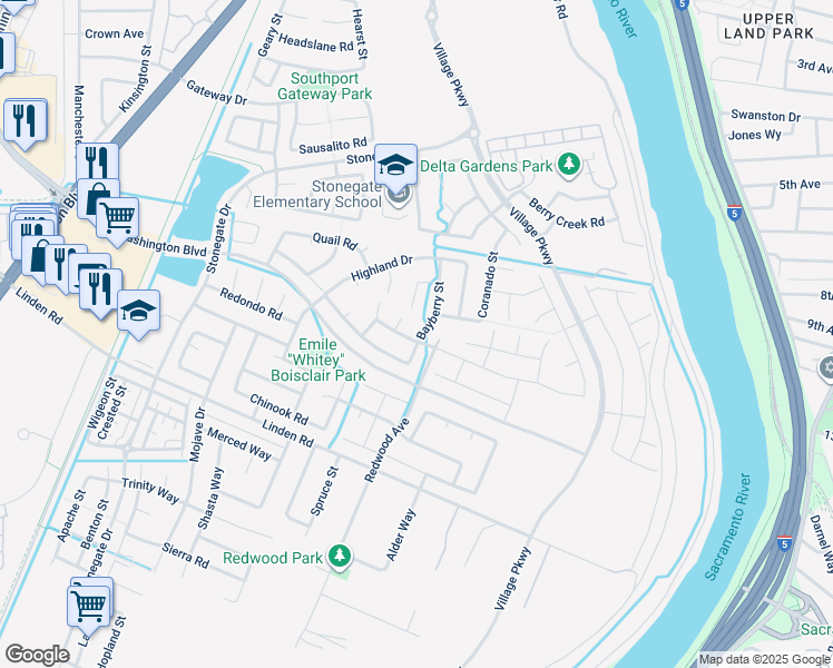 map of restaurants, bars, coffee shops, grocery stores, and more near 1610 Greenbrier Rd in West Sacramento