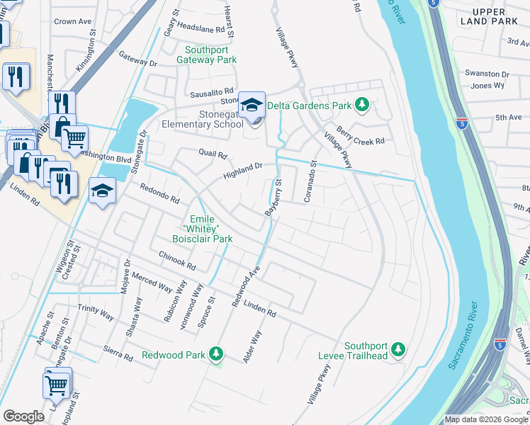 map of restaurants, bars, coffee shops, grocery stores, and more near 1610 Greenbrier Road in West Sacramento