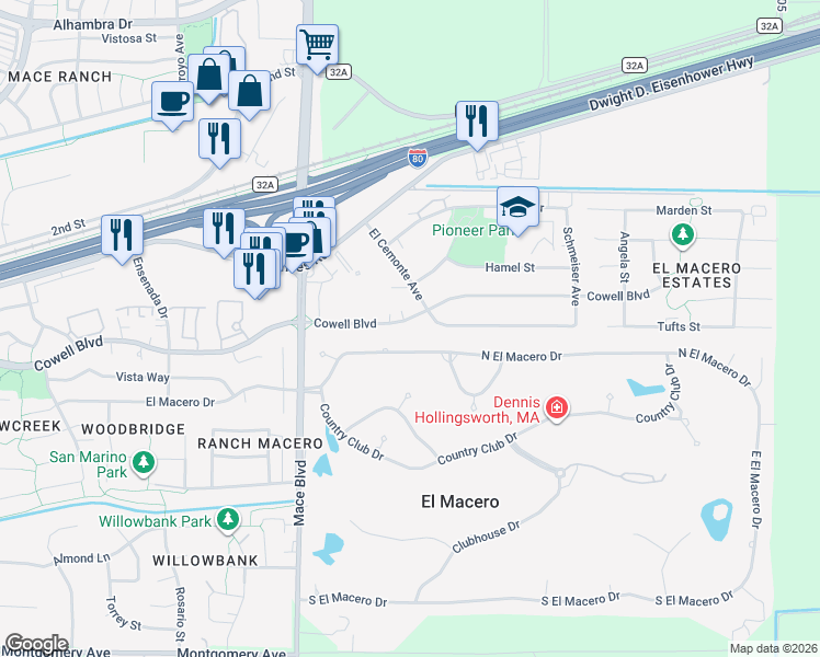 map of restaurants, bars, coffee shops, grocery stores, and more near 16-16 Cowell Boulevard in Davis
