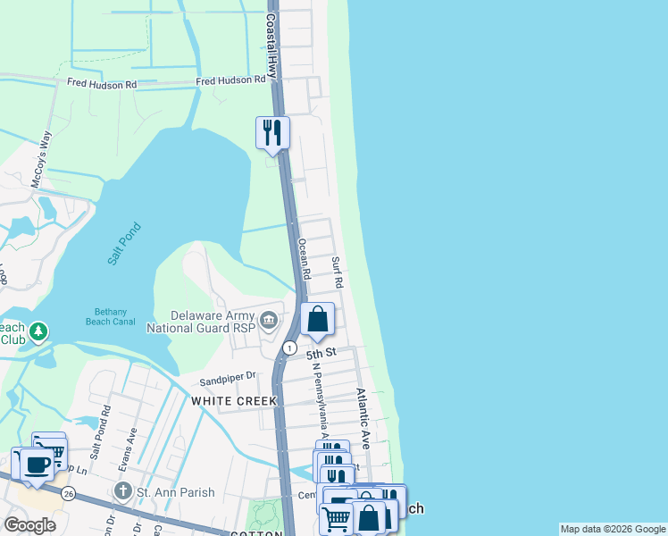 map of restaurants, bars, coffee shops, grocery stores, and more near 39829 Dukes Road in Bethany Beach