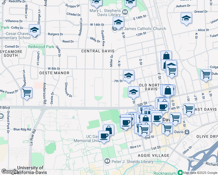 map of restaurants, bars, coffee shops, grocery stores, and more near 643 Miller Drive in Davis