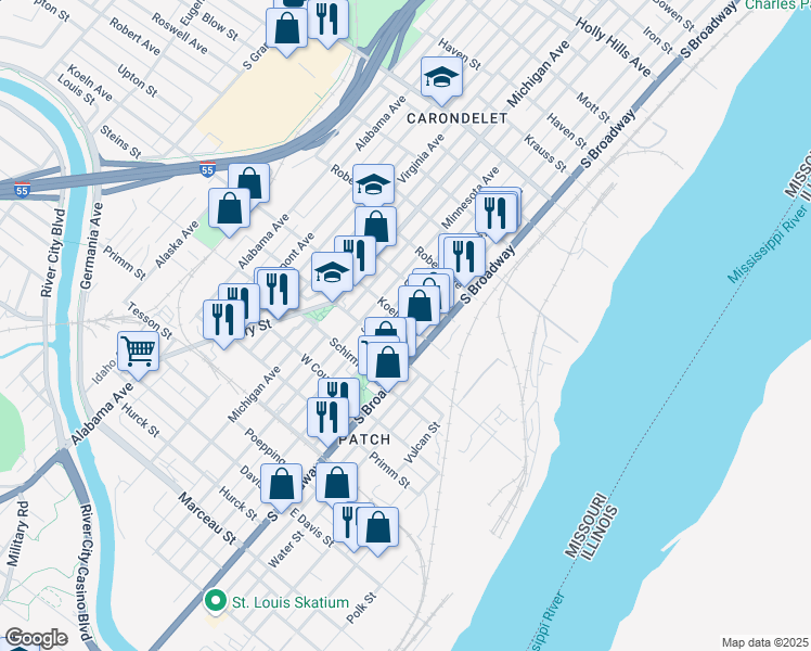 map of restaurants, bars, coffee shops, grocery stores, and more near 7500 Pennsylvania Avenue in St. Louis