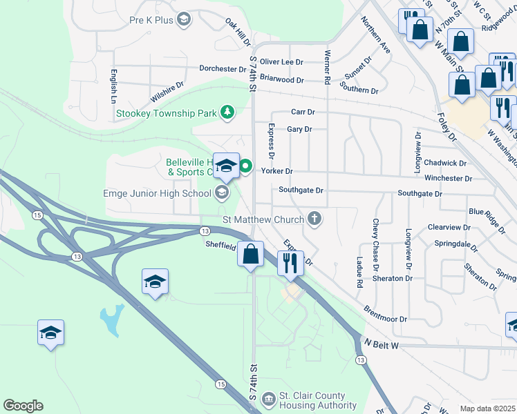 map of restaurants, bars, coffee shops, grocery stores, and more near 1100 South 74th Street in Belleville