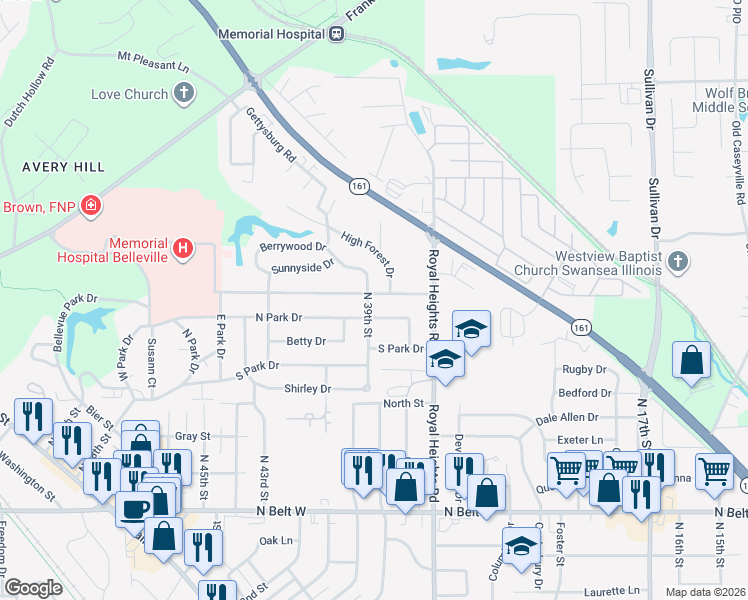 map of restaurants, bars, coffee shops, grocery stores, and more near 3818 Memorial Drive in Belleville