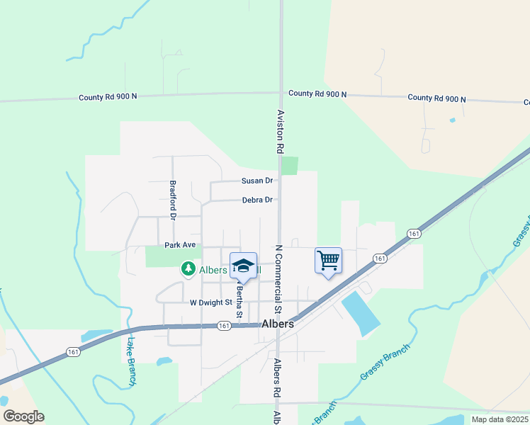 map of restaurants, bars, coffee shops, grocery stores, and more near 607 North Broadway in Albers