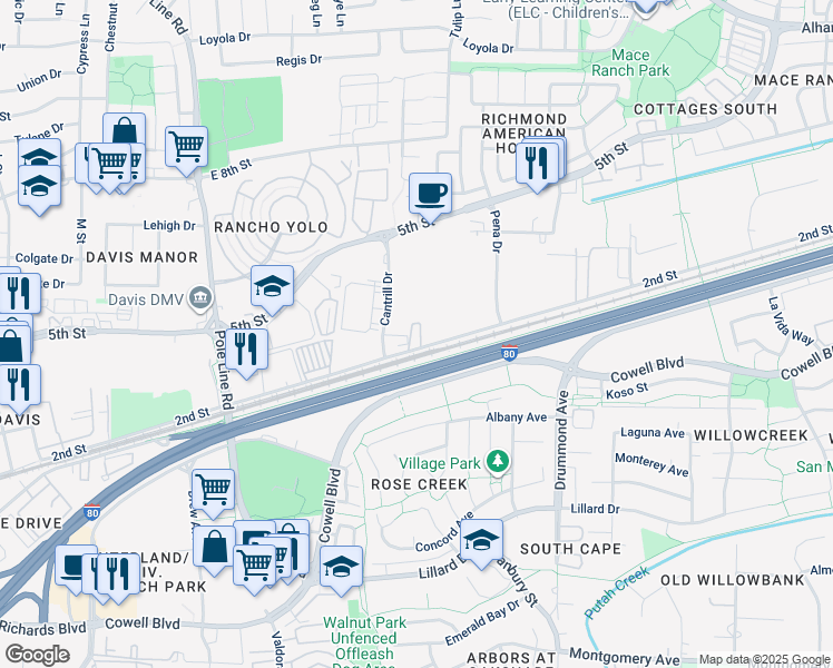map of restaurants, bars, coffee shops, grocery stores, and more near 2613 2nd Street in Davis