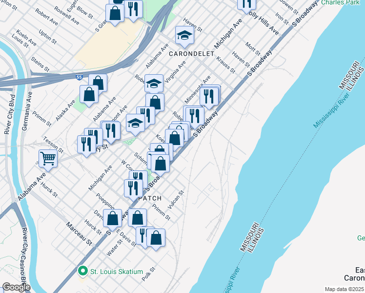 map of restaurants, bars, coffee shops, grocery stores, and more near 7411A South Broadway in St. Louis