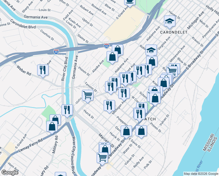 map of restaurants, bars, coffee shops, grocery stores, and more near 7825 Vermont Avenue in St. Louis