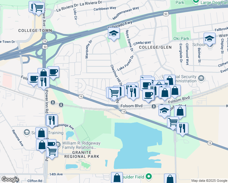 map of restaurants, bars, coffee shops, grocery stores, and more near 3138 Maryknoll Court in Sacramento