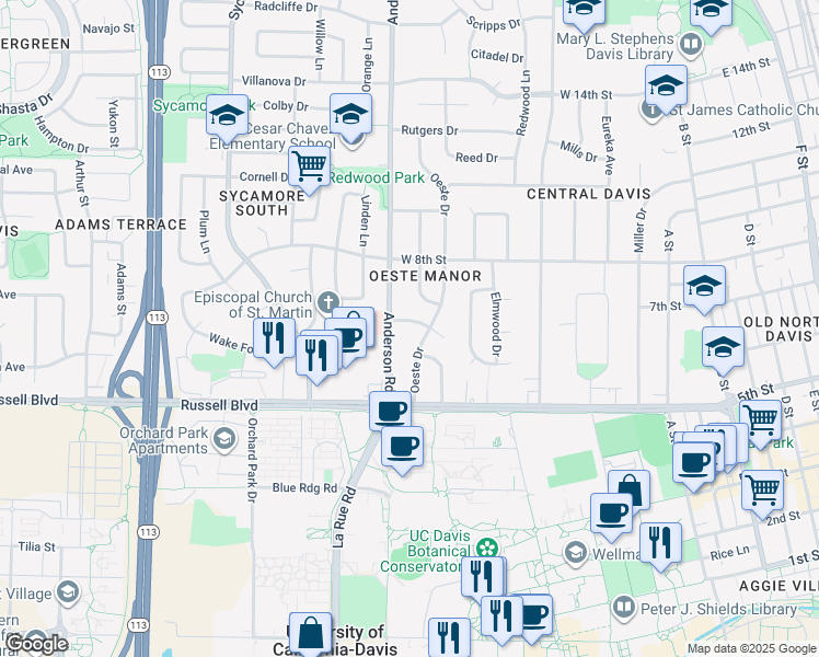 map of restaurants, bars, coffee shops, grocery stores, and more near 650 Sunset Court in Davis
