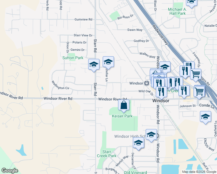 map of restaurants, bars, coffee shops, grocery stores, and more near 777 Stellar Lane in Windsor