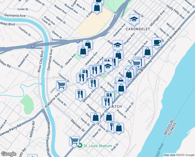 map of restaurants, bars, coffee shops, grocery stores, and more near 7716 Ivory Avenue in St. Louis