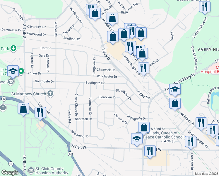 map of restaurants, bars, coffee shops, grocery stores, and more near 409 Blue Ridge Drive in Belleville